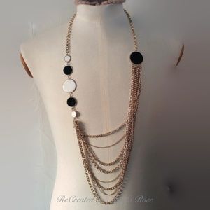 36” Layered Chain Black White Necklace Gold Tone